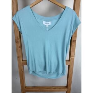 NWT Dear John URI Aqua V Neck Ribbed Capped Sleeves High Low Top #1104 Size SM
